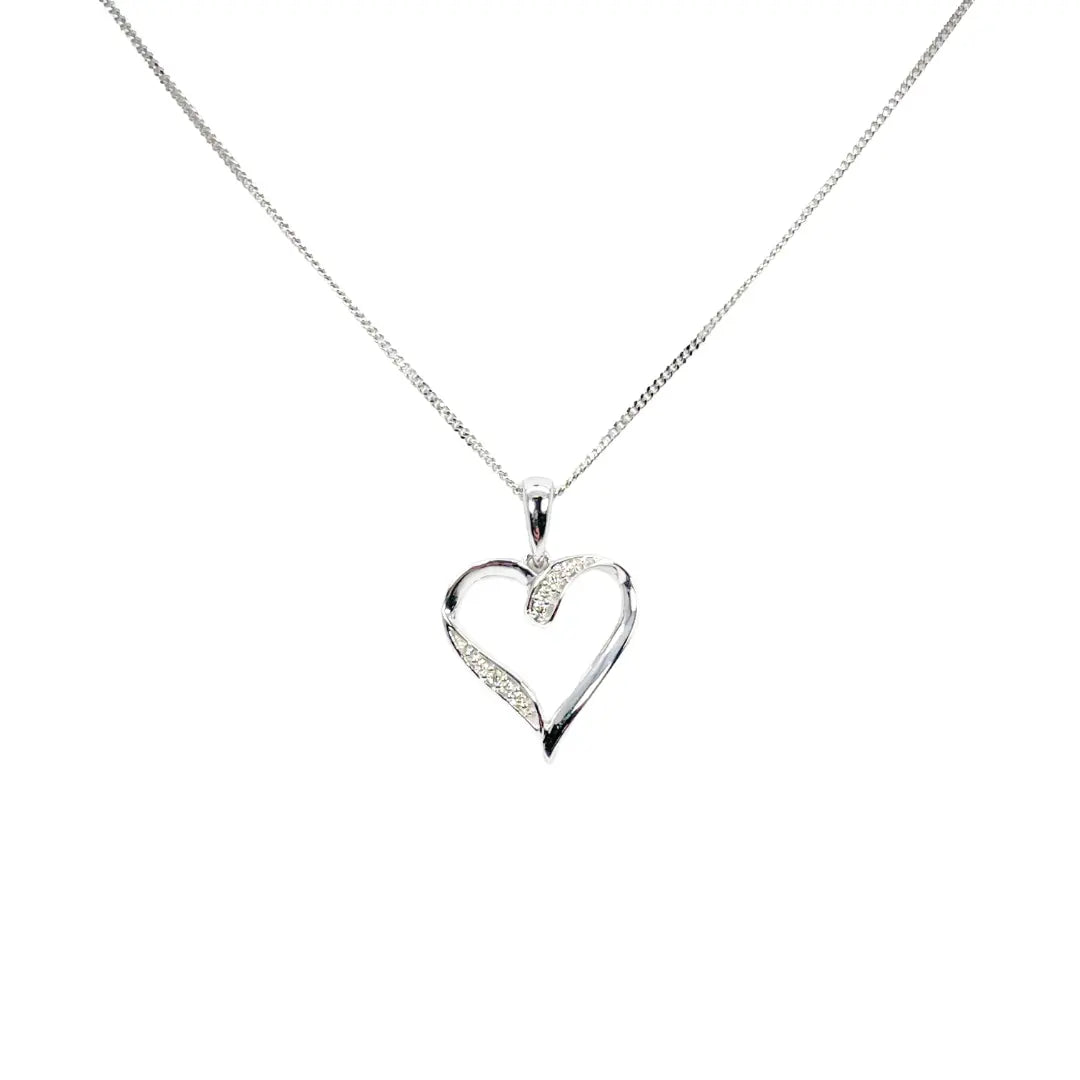 14ct White Gold Diamond Open Heart Pendant 0.03ct & 16 inch Chain Necklace 