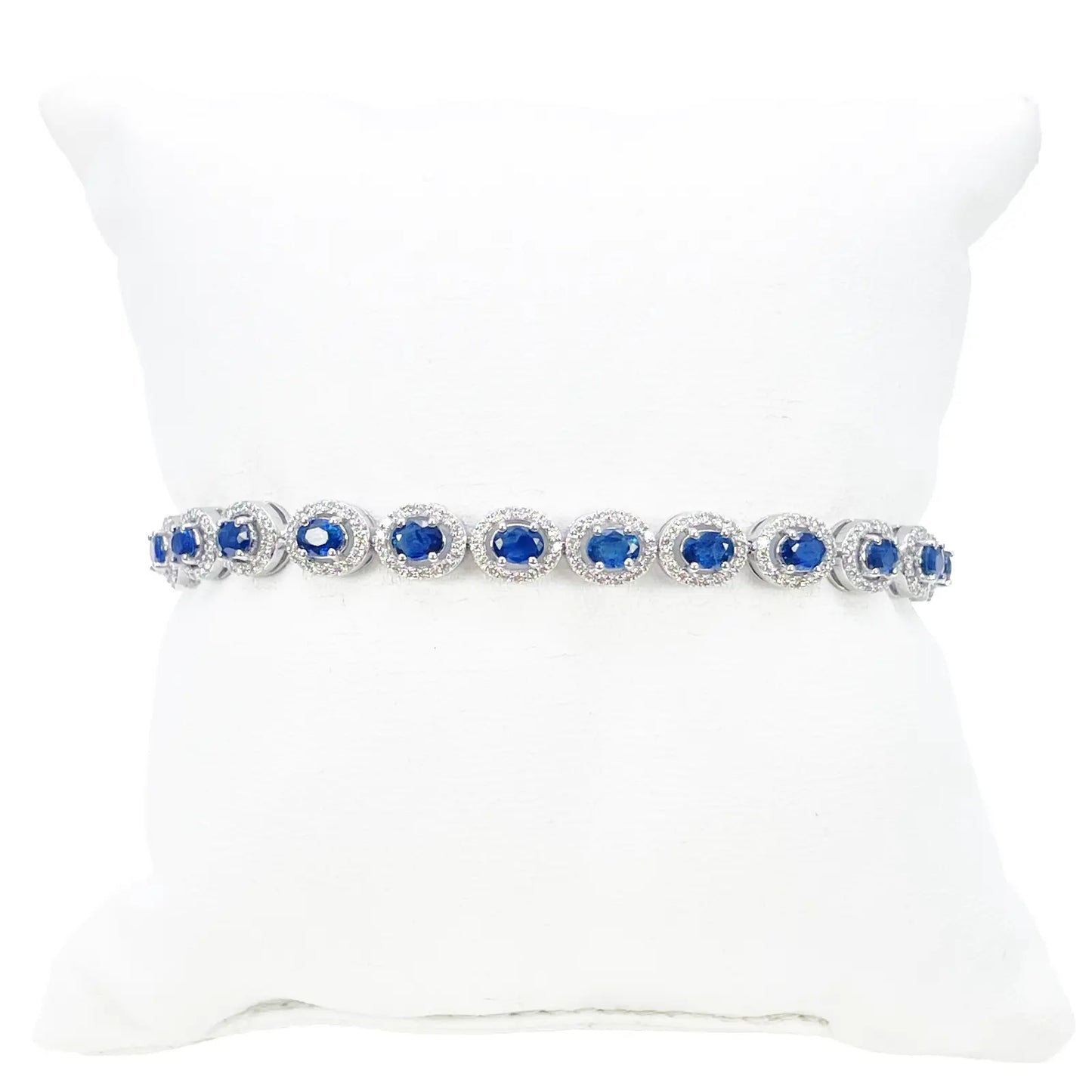 14ct White Gold Diamond & Blue Sapphire Cluster Tennis Bracelet 6.40ct 7 Inches  Diamond Bracelets