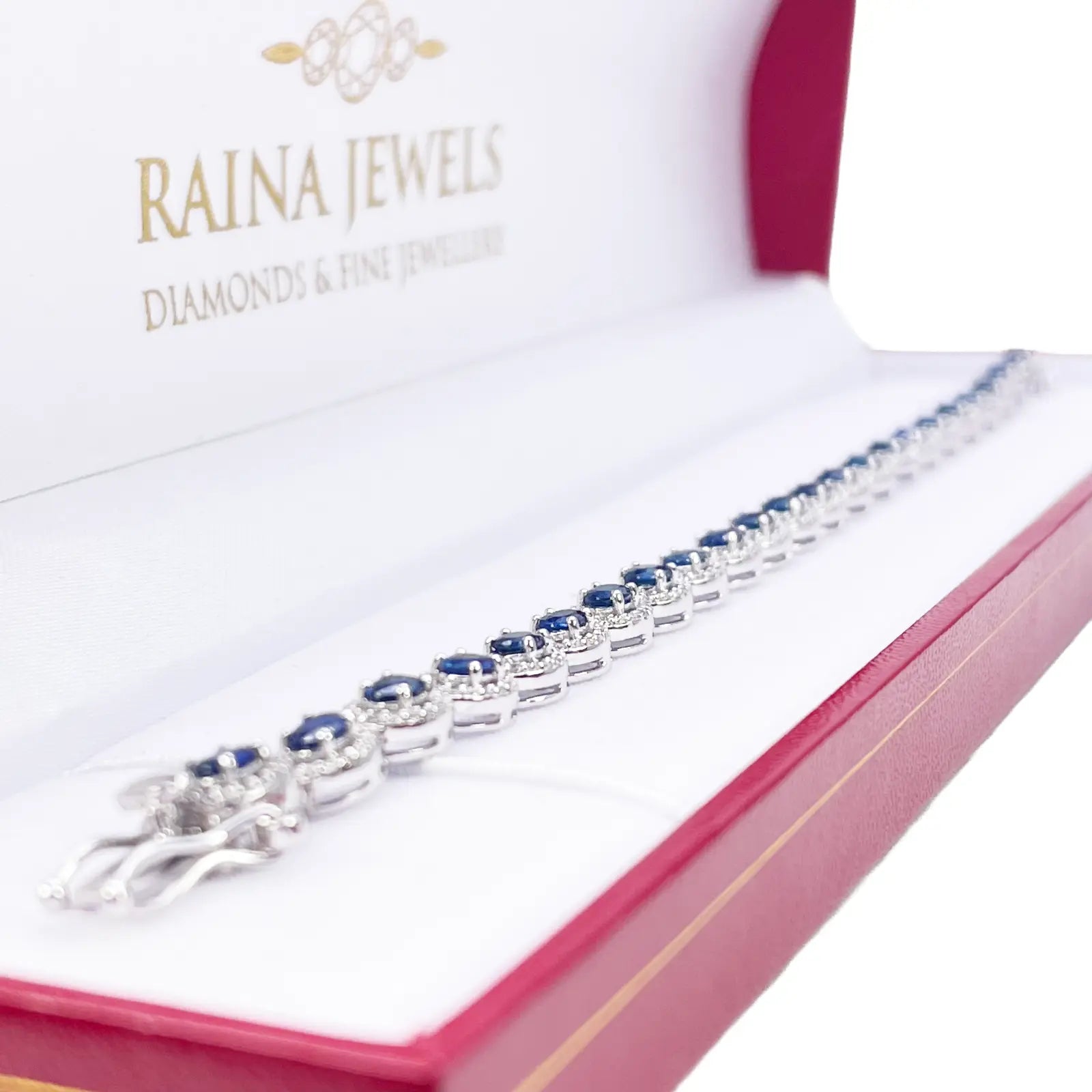 14ct White Gold Diamond & Blue Sapphire Cluster Tennis Bracelet 6.40ct 7 Inches  Diamond Bracelets