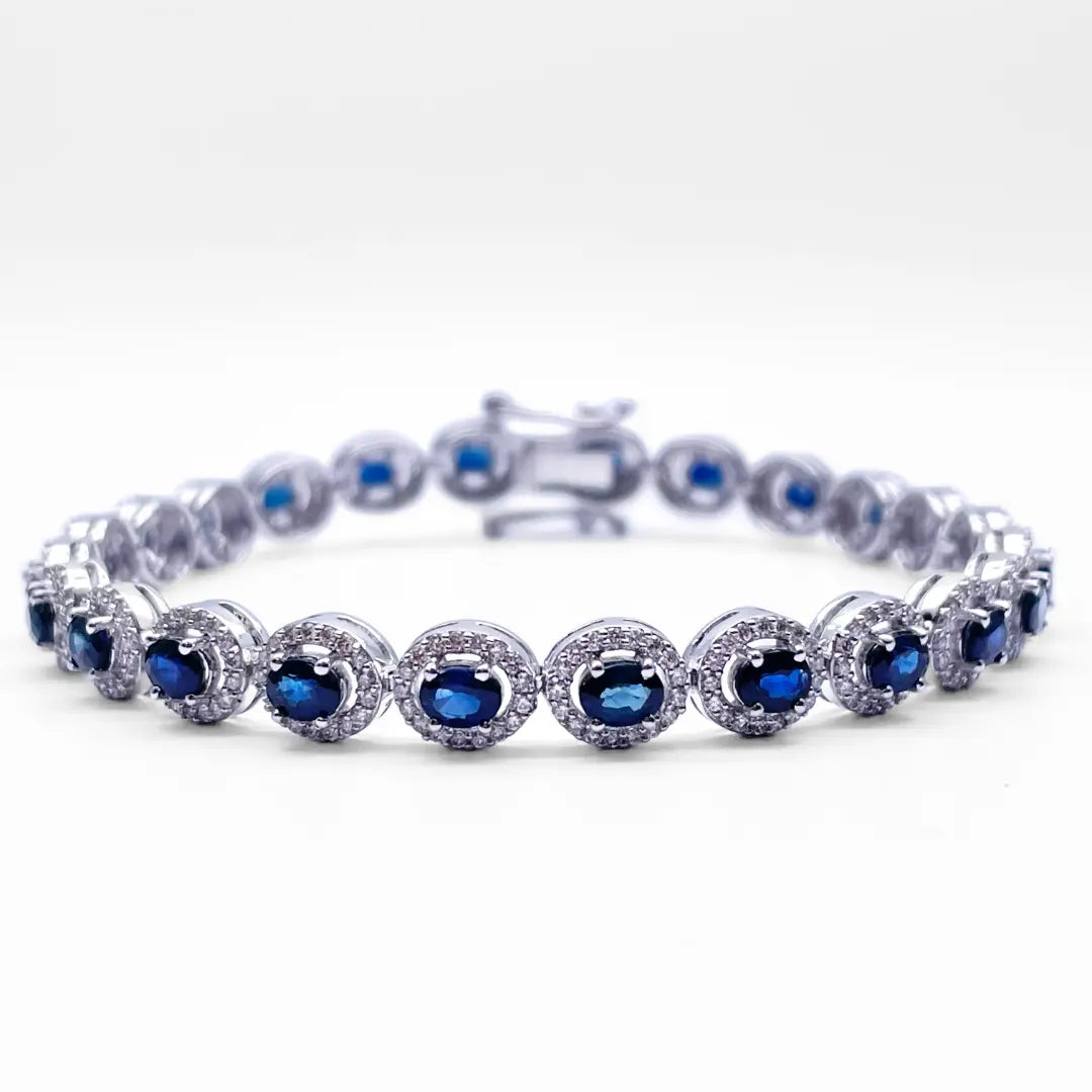 14ct White Gold Diamond & Blue Sapphire Cluster Tennis Bracelet 6.41ct 7'' inch  Diamond Bracelets