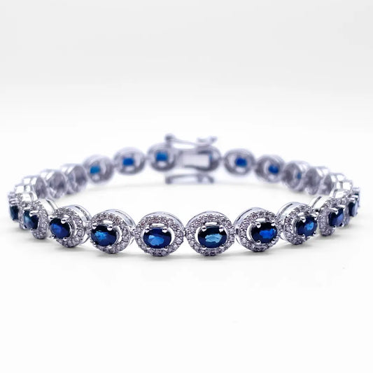 14ct White Gold Diamond & Blue Sapphire Cluster Tennis Bracelet 6.41ct 7'' inch  Diamond Bracelets