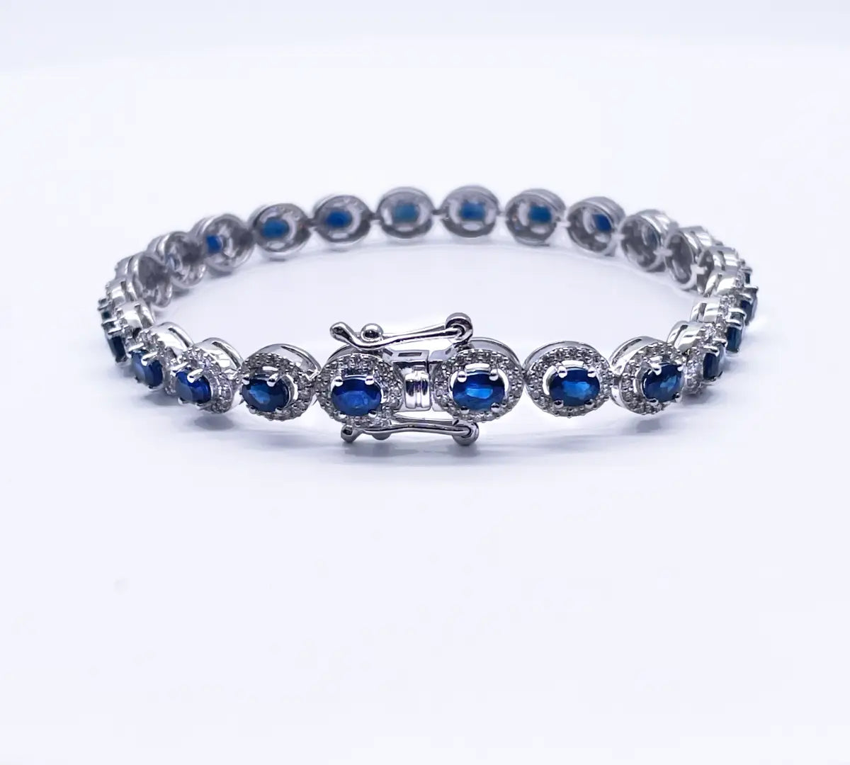 14ct White Gold Diamond & Blue Sapphire Cluster Tennis Bracelet 6.41ct 7'' inch  Diamond Bracelets