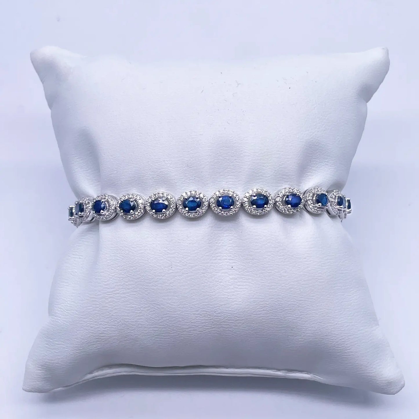 14ct White Gold Diamond & Blue Sapphire Cluster Tennis Bracelet 6.41ct 7'' inch  Diamond Bracelets