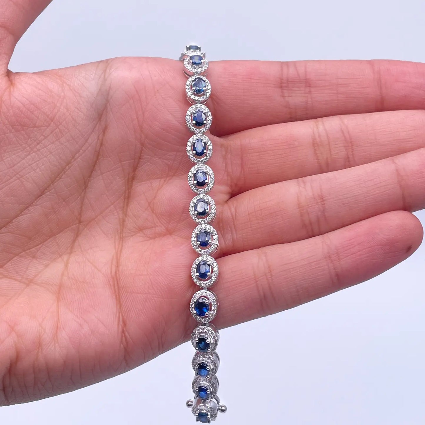 14ct White Gold Diamond & Blue Sapphire Cluster Tennis Bracelet 6.41ct 7'' inch  Diamond Bracelets