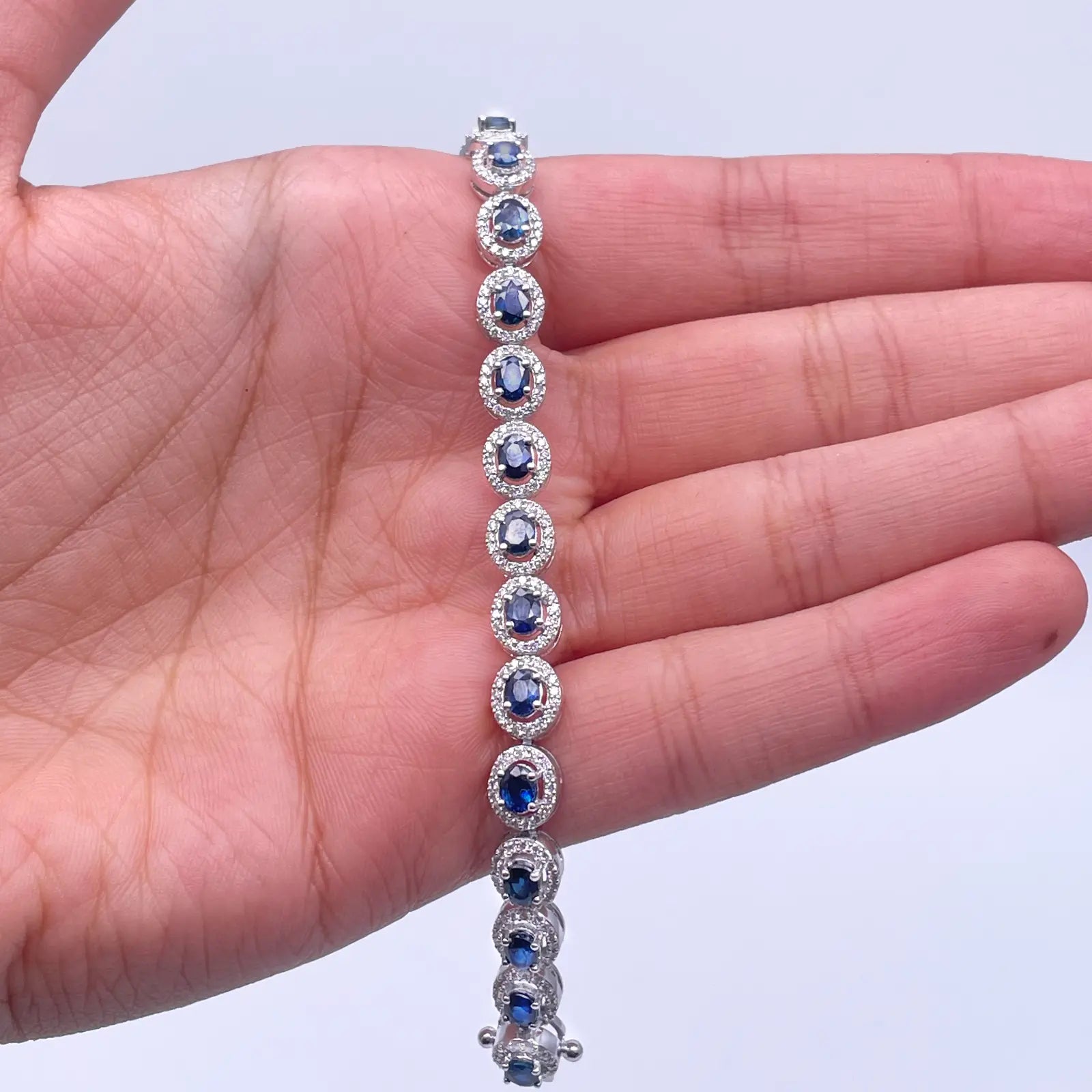 14ct White Gold Diamond & Blue Sapphire Cluster Tennis Bracelet 6.41ct 7'' inch  Diamond Bracelets