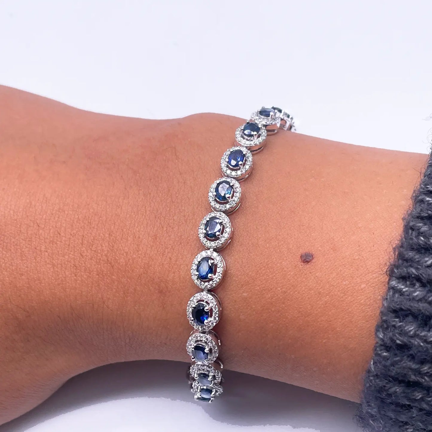 14ct White Gold Diamond & Blue Sapphire Cluster Tennis Bracelet 6.41ct 7'' inch  Diamond Bracelets