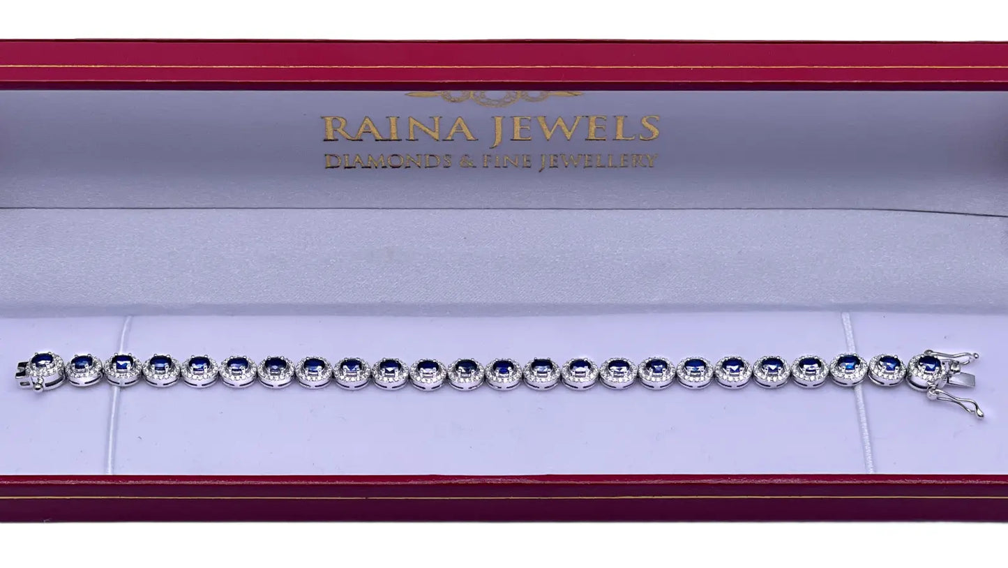 14ct White Gold Diamond & Blue Sapphire Cluster Tennis Bracelet 6.41ct 7'' inch  Diamond Bracelets