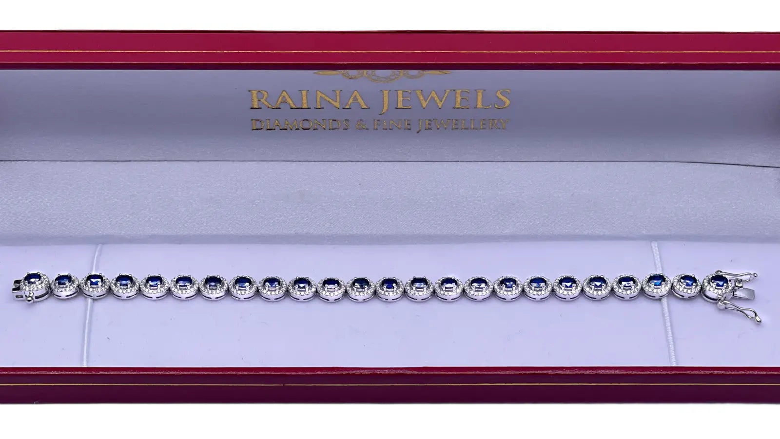 14ct White Gold Diamond & Blue Sapphire Cluster Tennis Bracelet 6.41ct 7'' inch  Diamond Bracelets