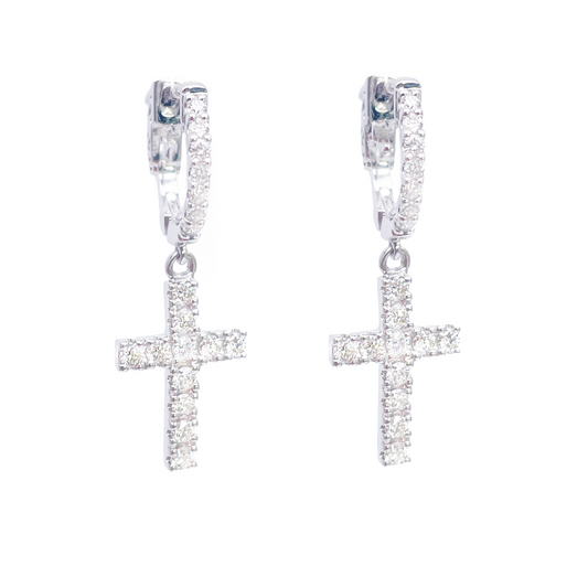 14ct White Gold Natural Diamond Hoop Huggies Cross Drop Earrings 0.85ct 