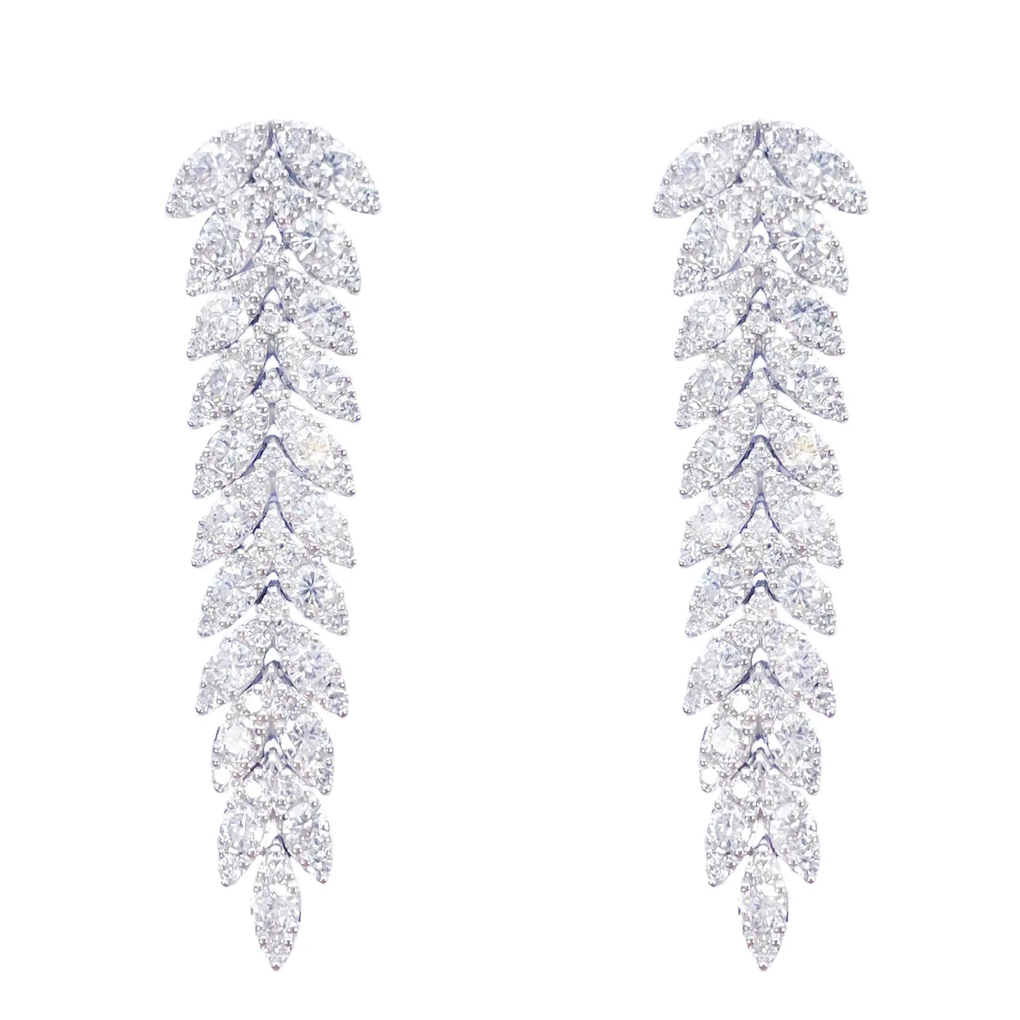 14ct White Gold Natural Diamond Leaf Feather Long Drop Earrings 3.04ct 