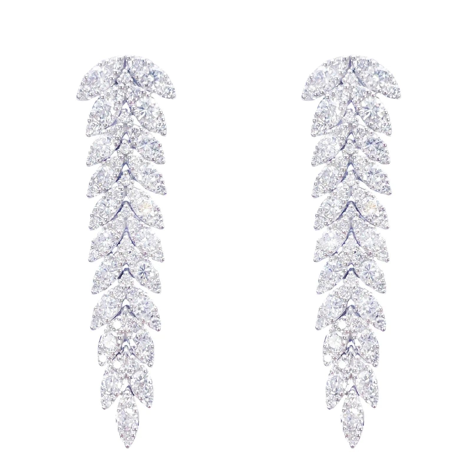 14ct White Gold Natural Diamond Leaf Feather Long Drop Earrings 3.04ct 