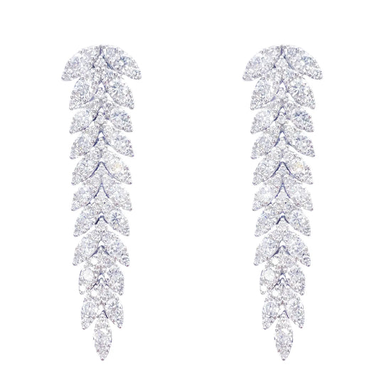 14ct White Gold Natural Diamond Leaf Feather Long Drop Earrings 3.04ct 