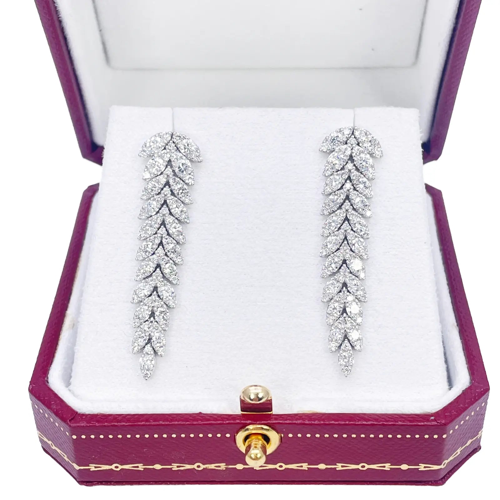 14ct White Gold Natural Diamond Leaf Feather Long Drop Earrings 3.04ct 