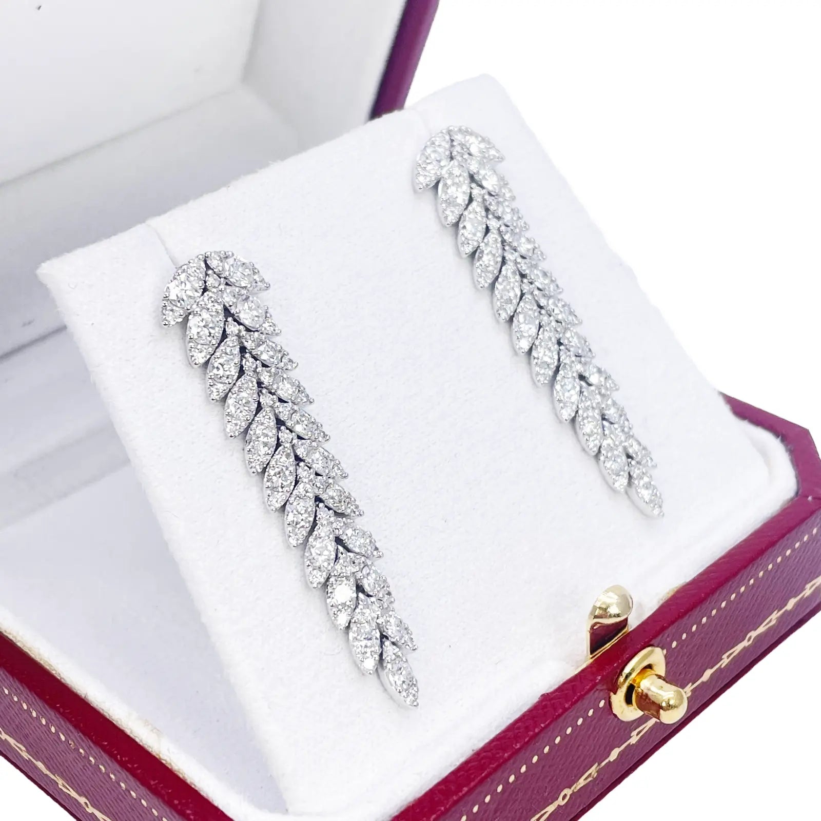 14ct White Gold Natural Diamond Leaf Feather Long Drop Earrings 3.04ct 