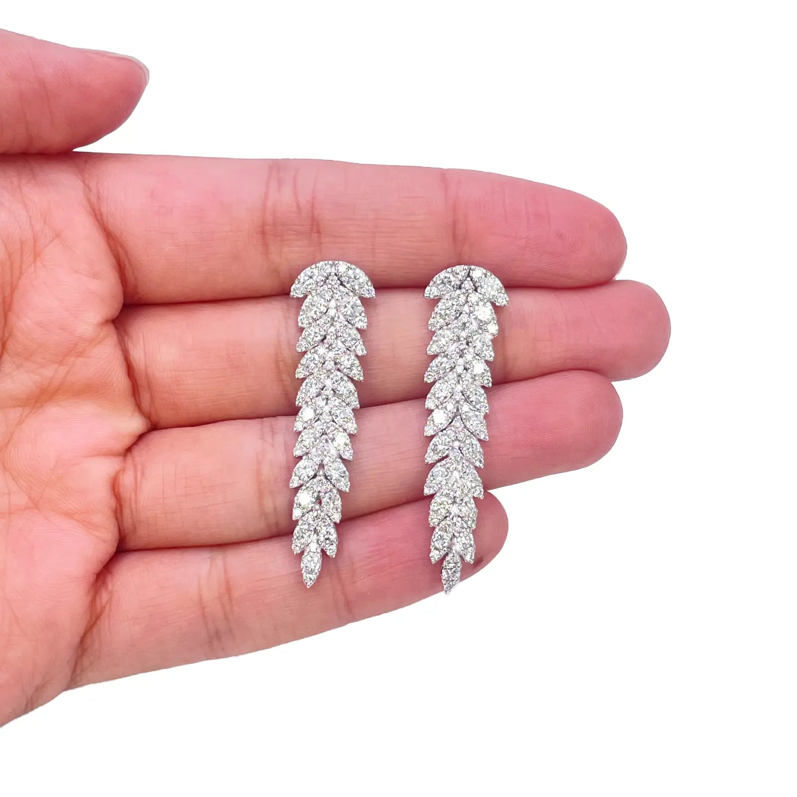 14ct White Gold Natural Diamond Leaf Feather Long Drop Earrings 3.04ct 