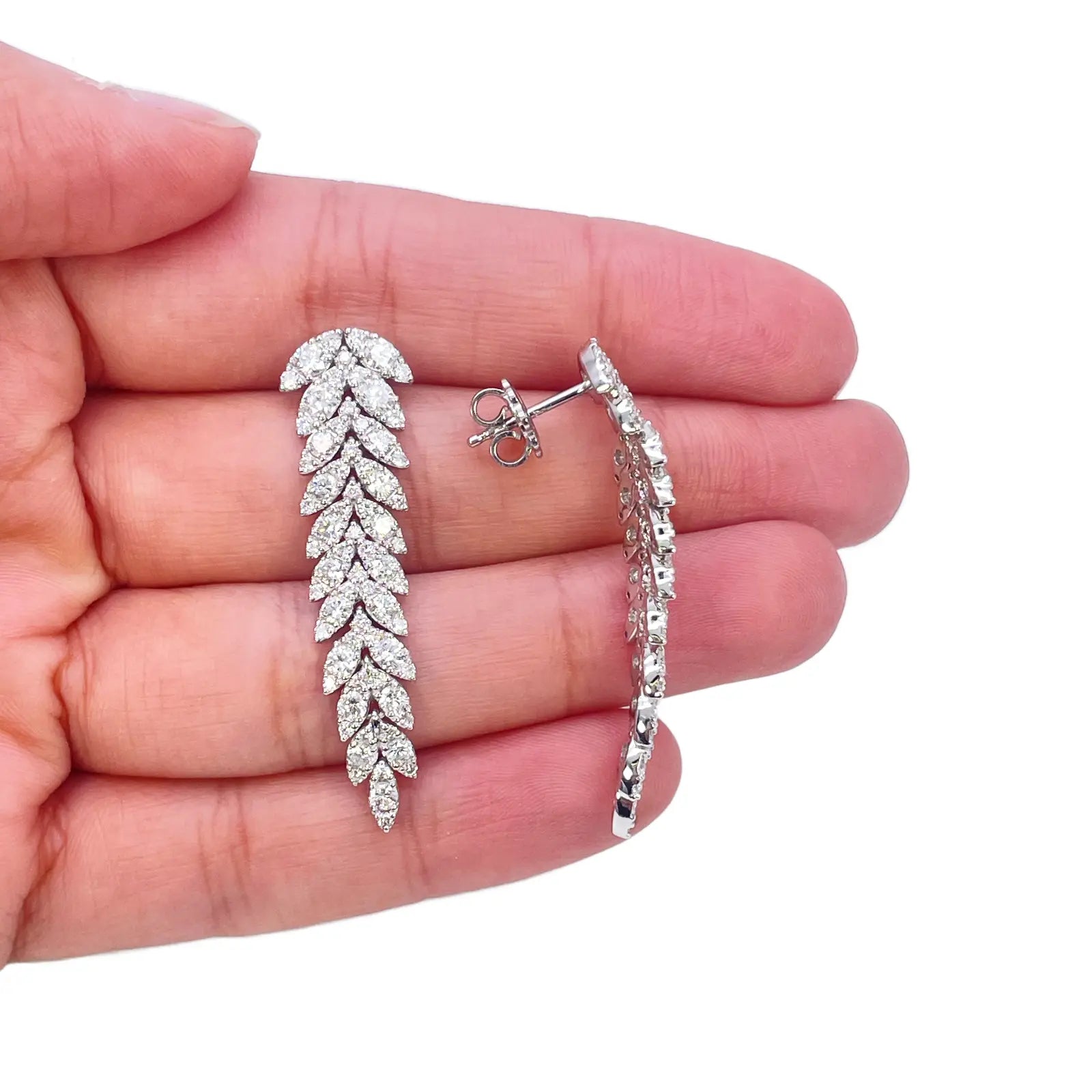 14ct White Gold Natural Diamond Leaf Feather Long Drop Earrings 3.04ct 