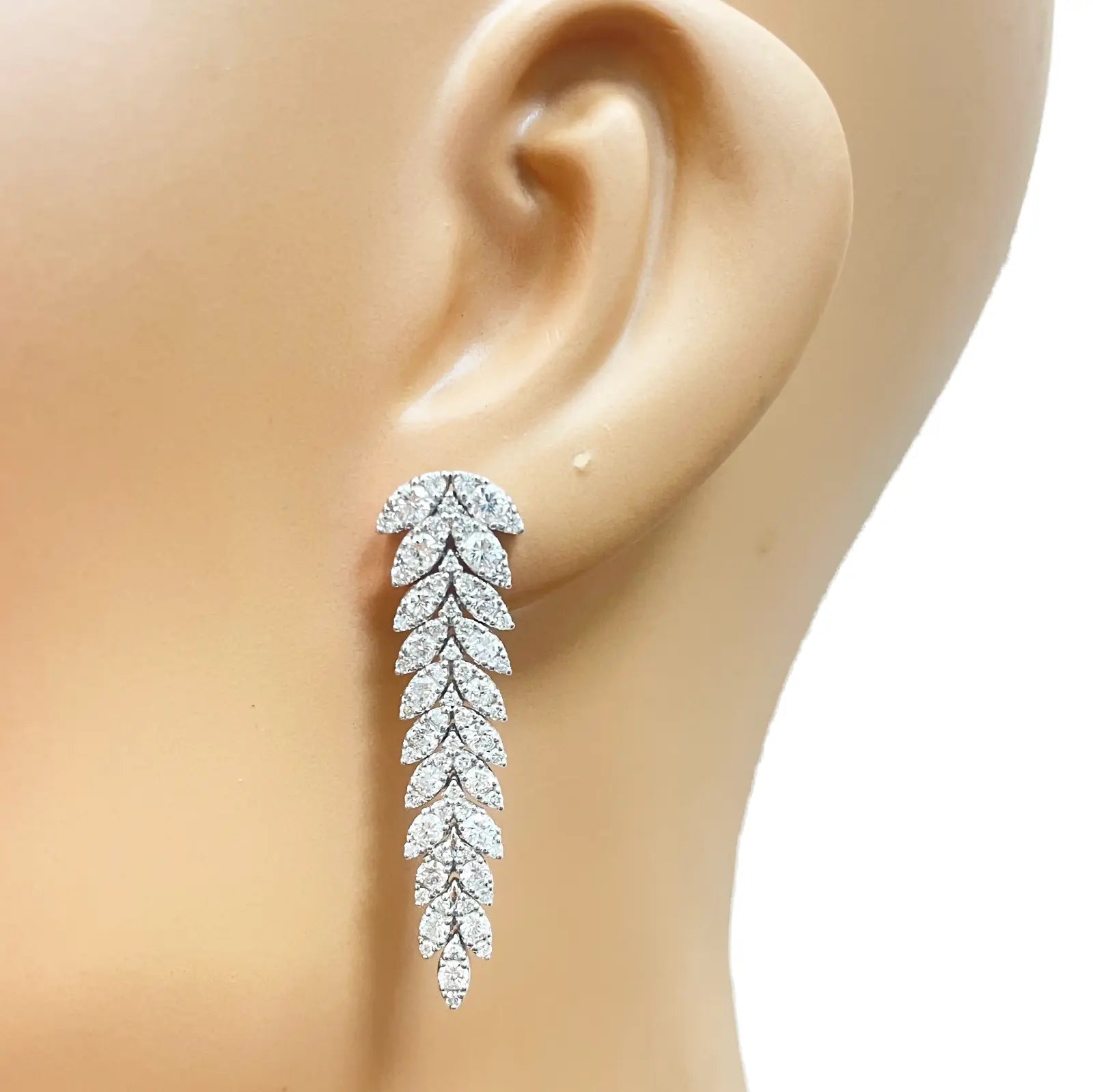 14ct White Gold Natural Diamond Leaf Feather Long Drop Earrings 3.04ct 