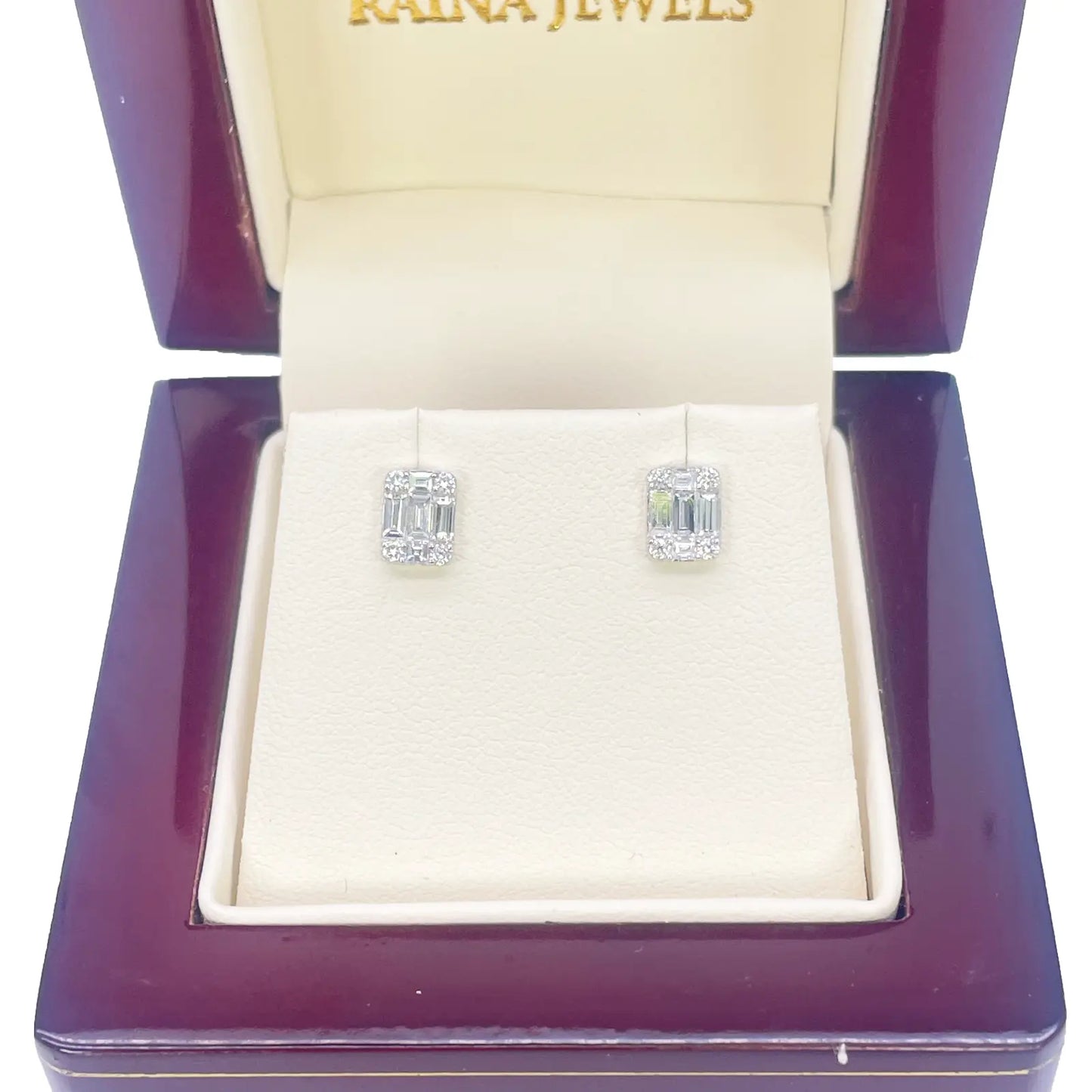 14ct White Gold Natural Diamond Round & Baguette Square Stud Earrings 0.46ct 