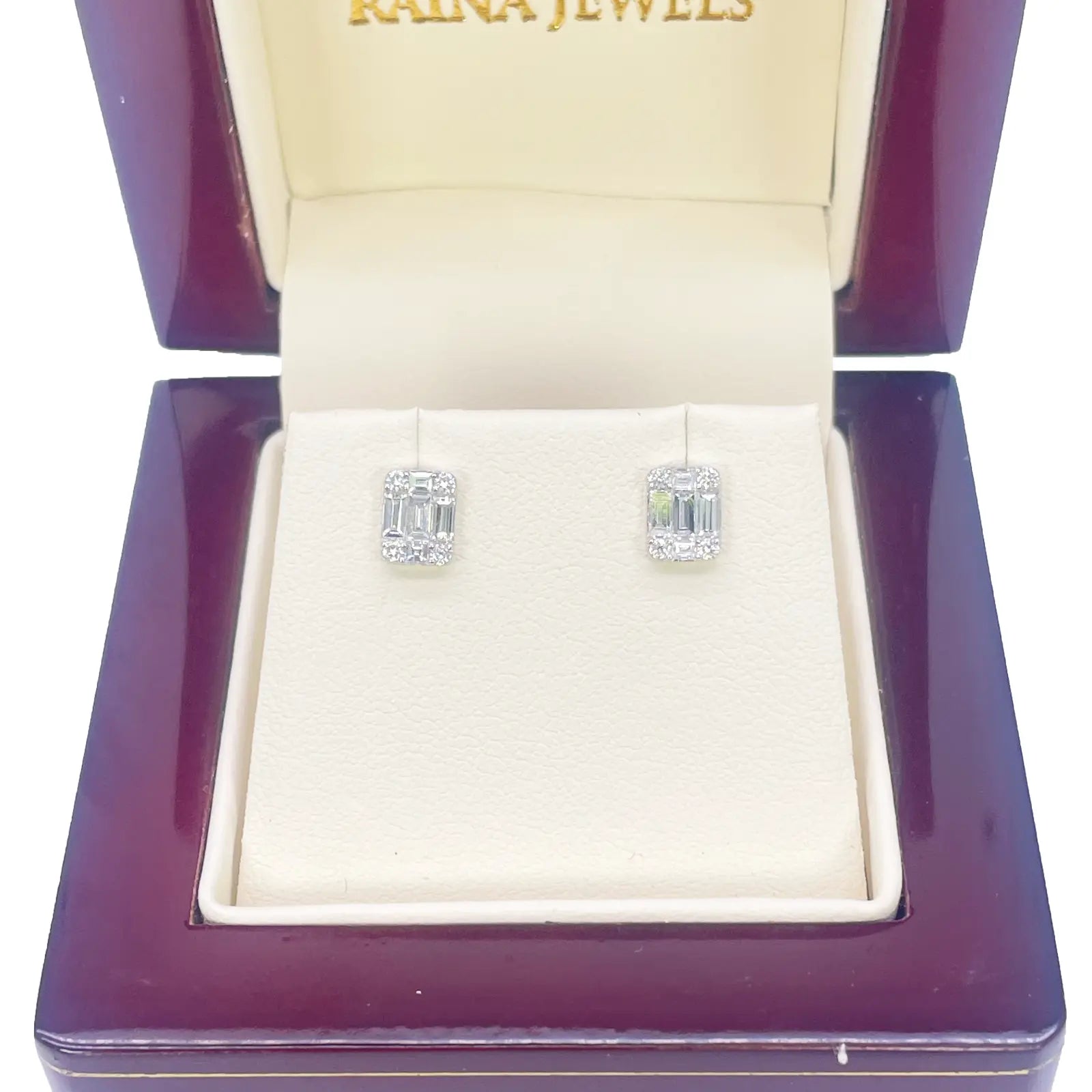 14ct White Gold Natural Diamond Round & Baguette Square Stud Earrings 0.46ct 