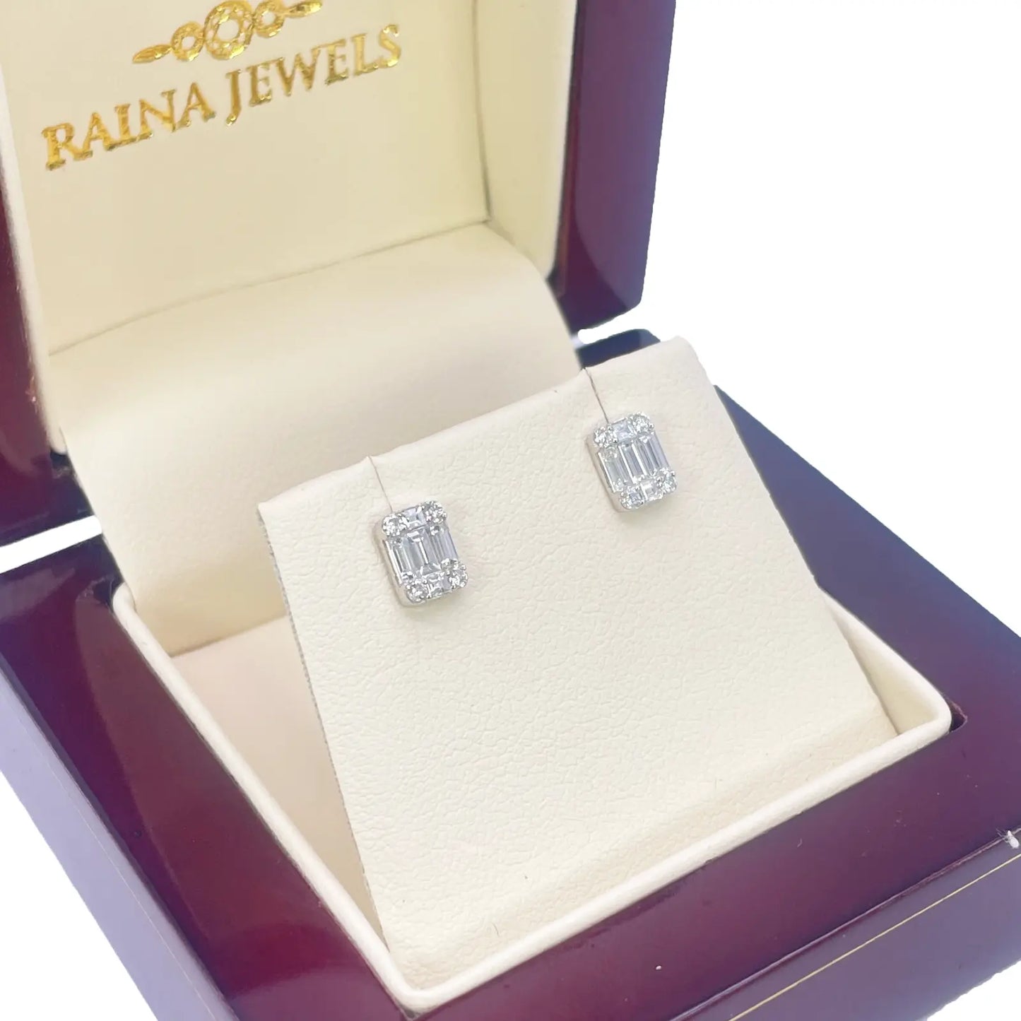 14ct White Gold Natural Diamond Round & Baguette Square Stud Earrings 0.46ct 