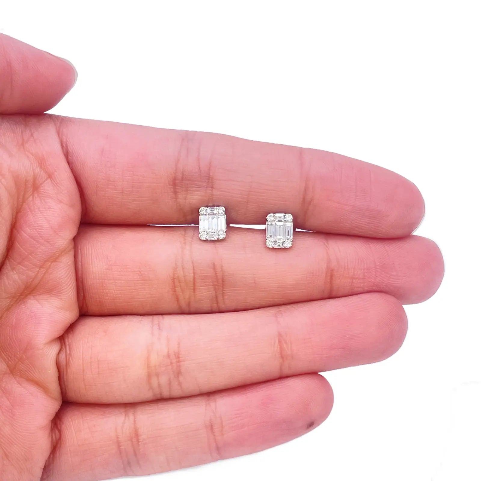 14ct White Gold Natural Diamond Round & Baguette Square Stud Earrings 0.46ct 