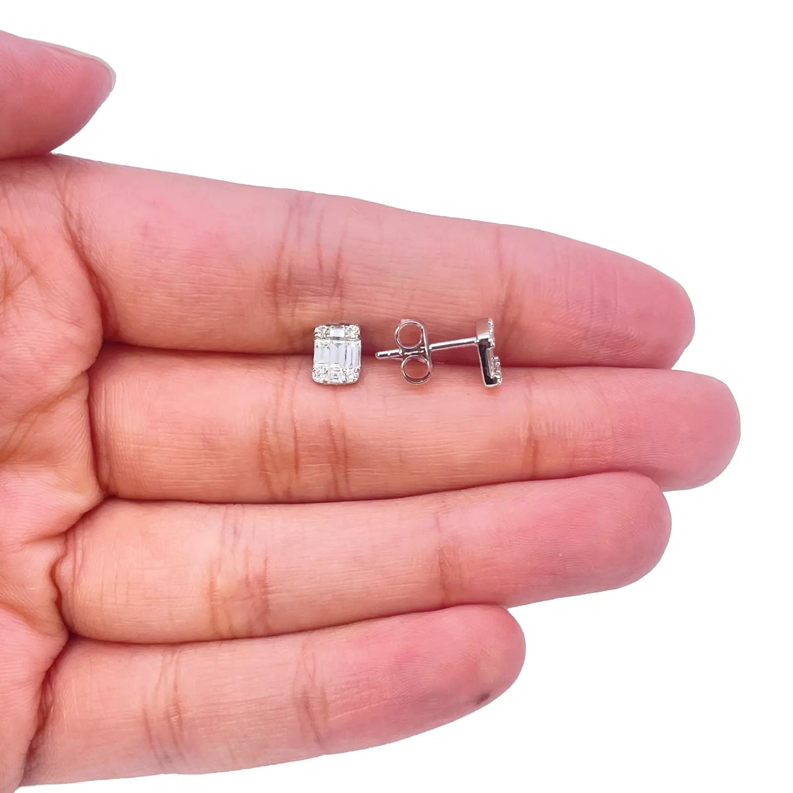 14ct White Gold Natural Diamond Round & Baguette Square Stud Earrings 0.46ct 