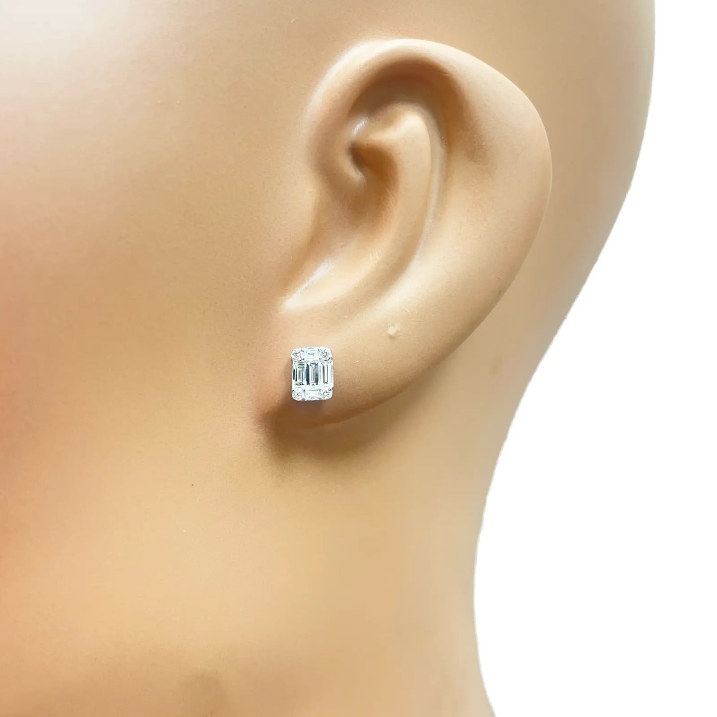 14ct White Gold Natural Diamond Round & Baguette Square Stud Earrings 0.46ct 