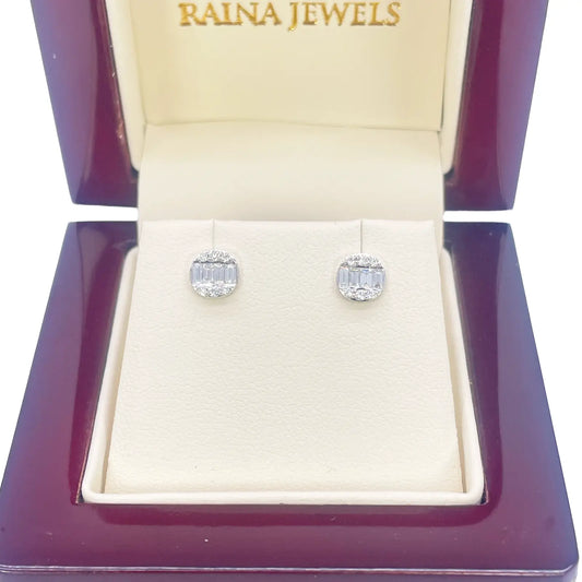 14ct White Gold Natural Diamond Round & Baguette Stud Earrings 0.32ct 