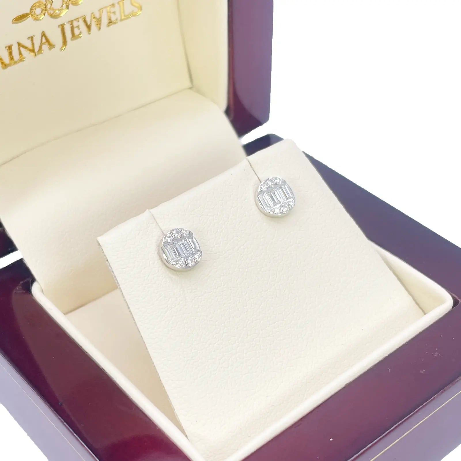 14ct White Gold Natural Diamond Round & Baguette Stud Earrings 0.32ct 