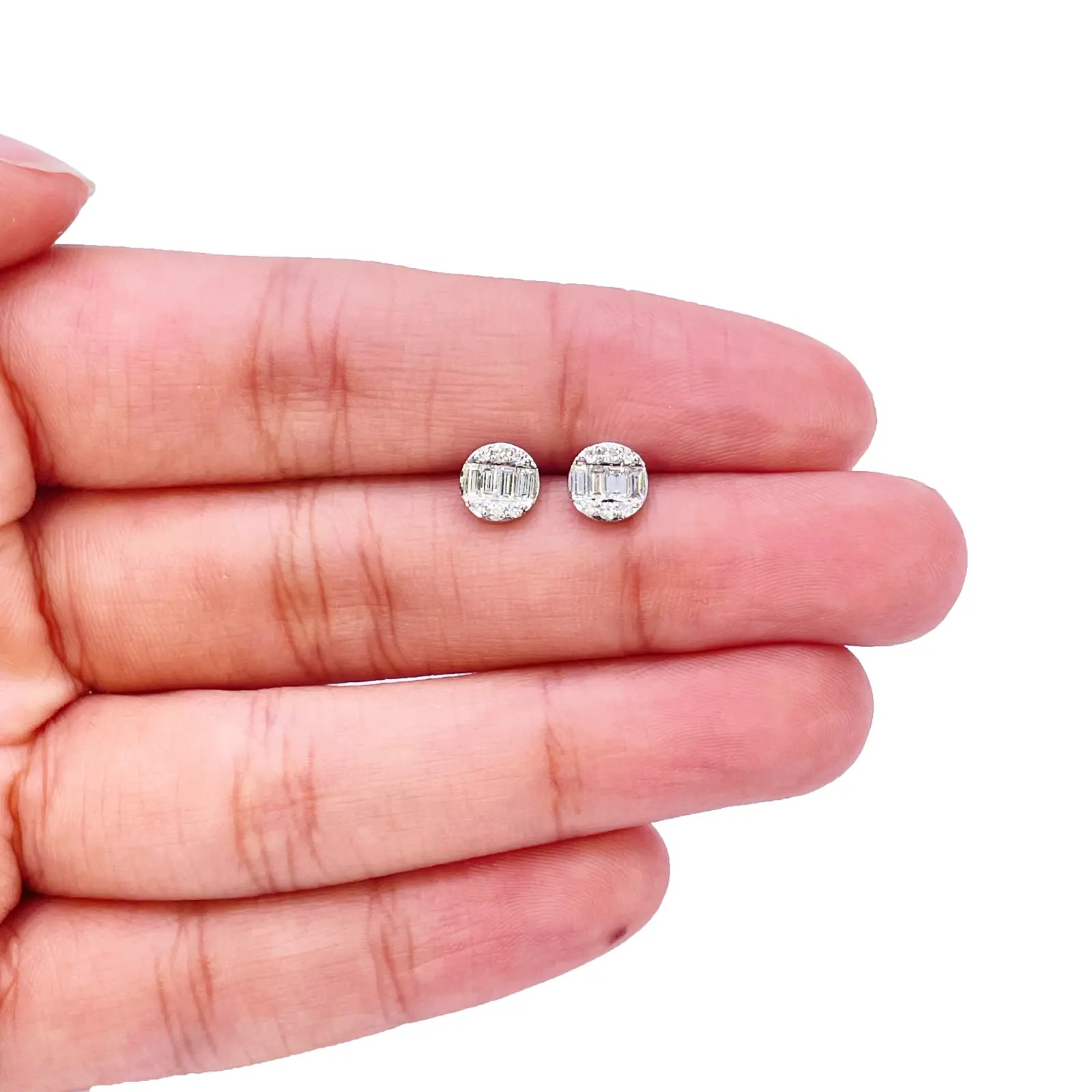 14ct White Gold Natural Diamond Round & Baguette Stud Earrings 0.32ct 