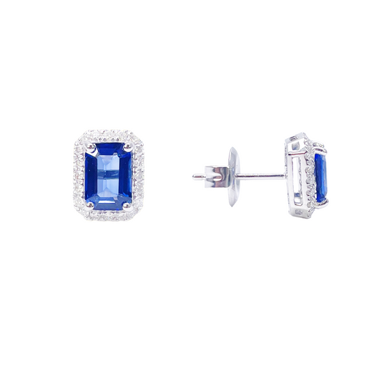 14ct White Gold Natural Emerald Cut Sapphire Round Diamond Stud Earrings 2.40ct 