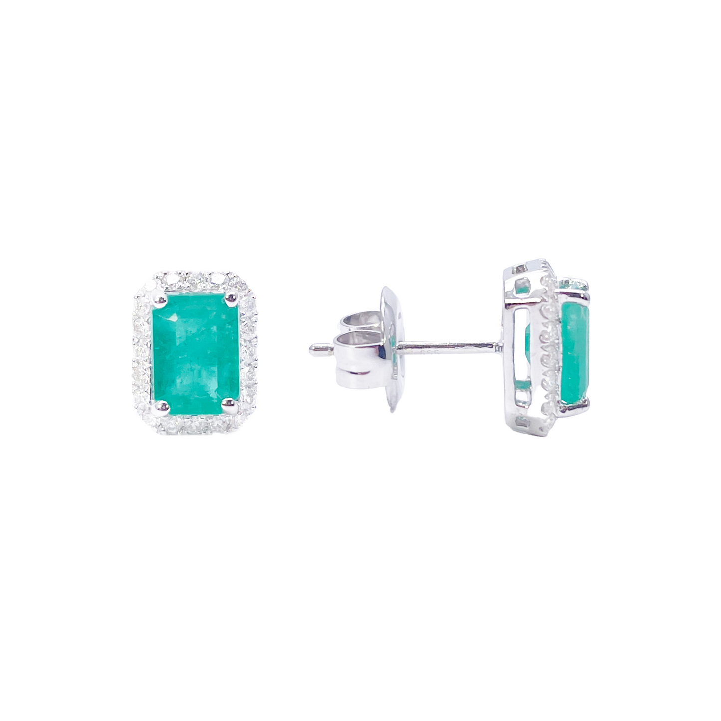 14ct White Gold Natural Emerald & Round Diamond Rectangle Stud Earrings 2.20ct 