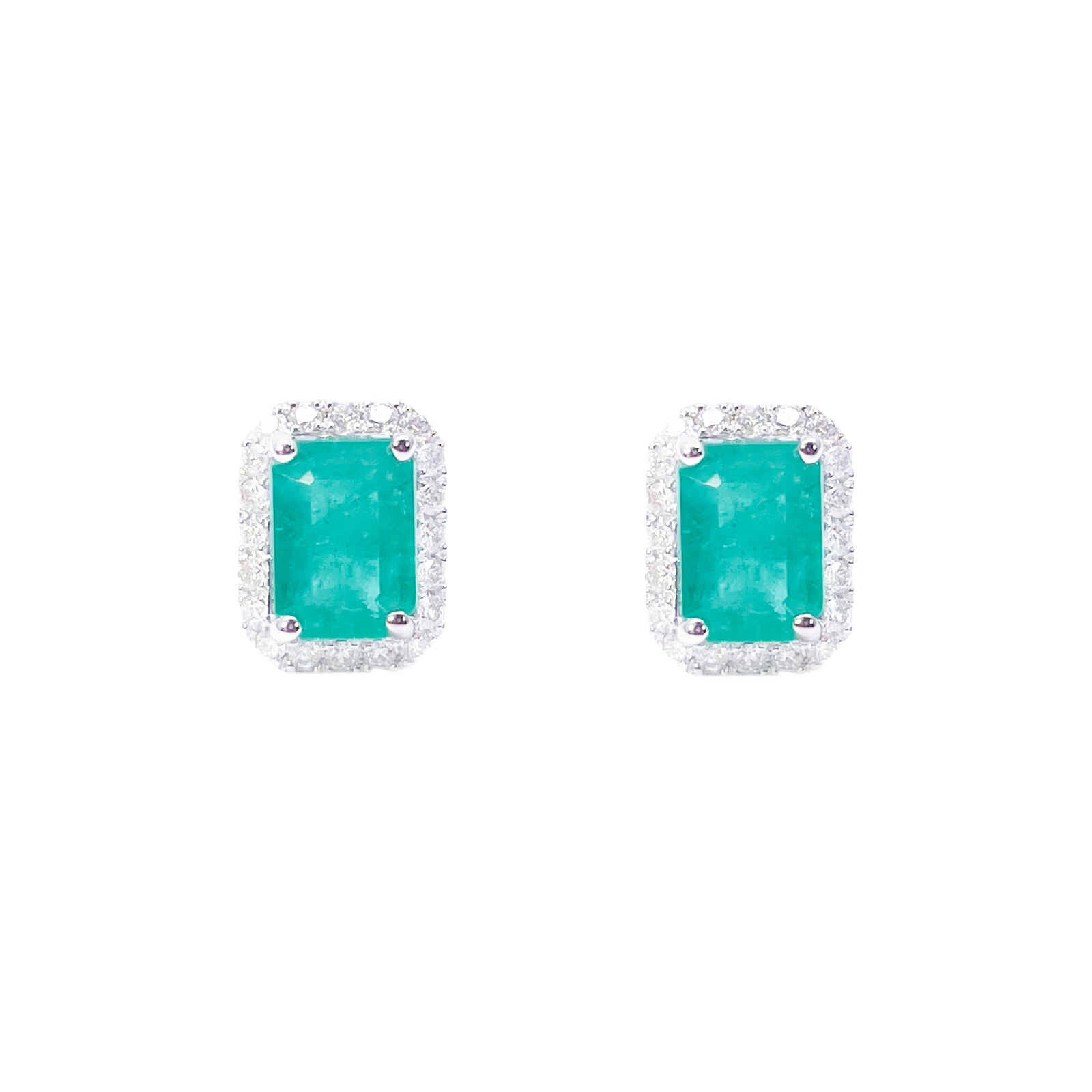 14ct White Gold Natural Emerald & Round Diamond Rectangle Stud Earrings 2.20ct 