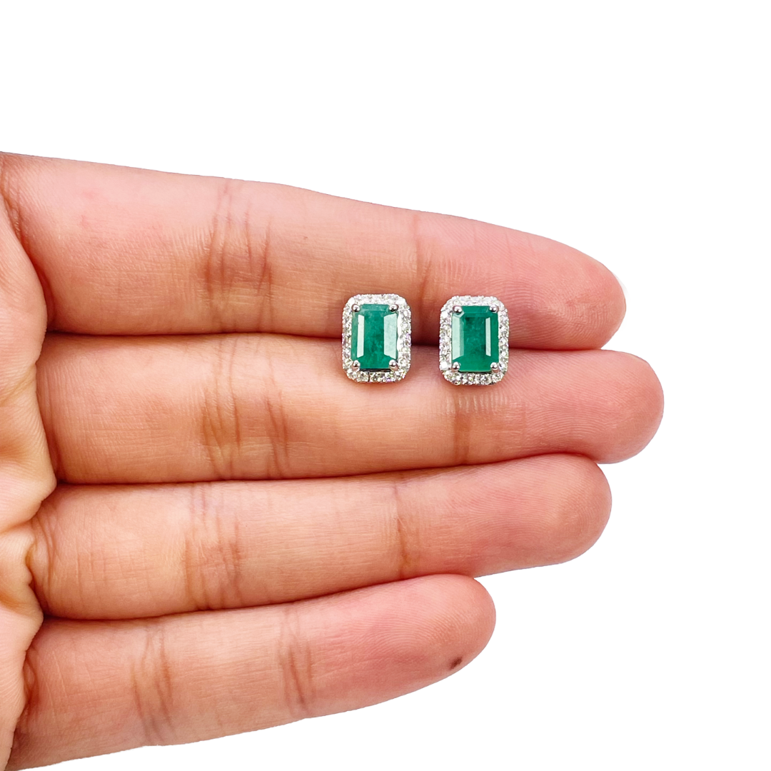 14ct White Gold Natural Emerald & Round Diamond Rectangle Stud Earrings 2.20ct 