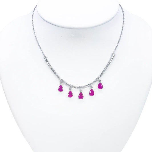 14ct White Gold Natural Round Diamond & Pear Ruby Chain Necklace 17 inches 5.91ct 