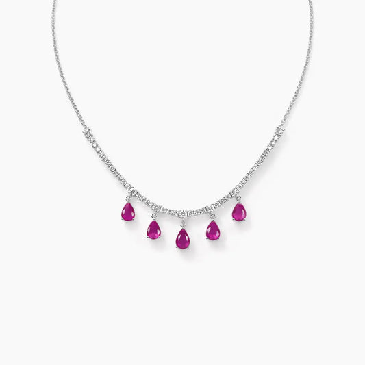 14ct White Gold Natural Round Diamond & Pear Ruby Chain Necklace 17 inches 5.91ct  Diamond Necklace