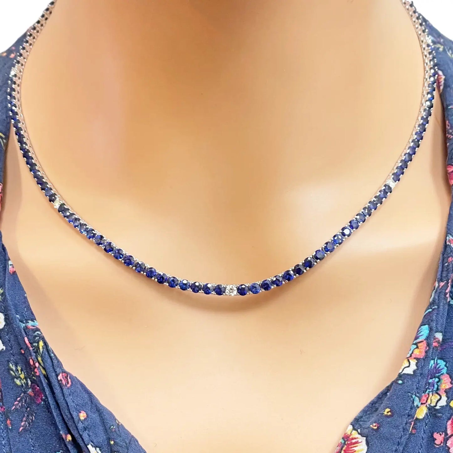 14ct White Gold Natural Sapphire & Diamond Tennis Necklace 21.2ct 18''inches 