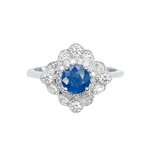 14ct White Gold Round Blue Sapphire & Diamond Cluster Milgrain Ring 0.82ct  Diamond Ring
