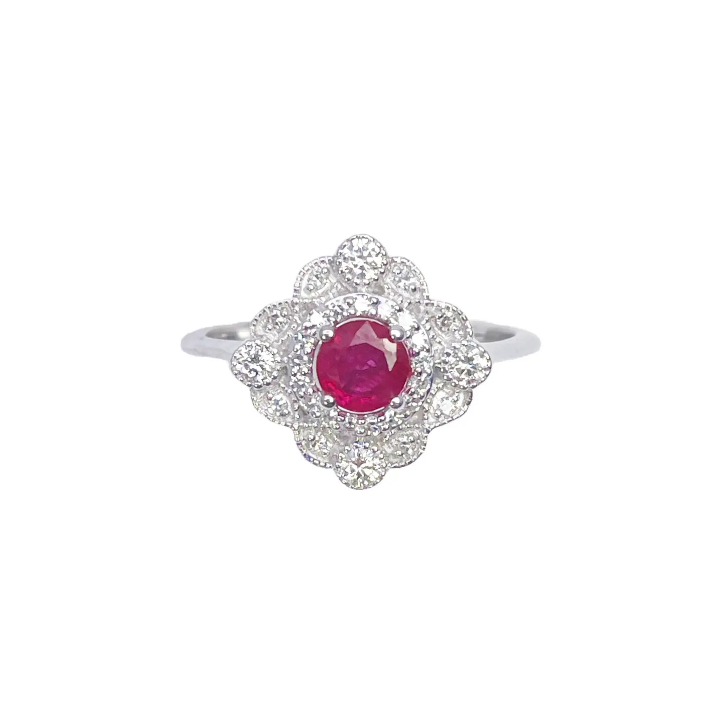 14ct White Gold Round Red Ruby & Diamond Cluster Milgrain Ring 0.72ct  Diamond Ring