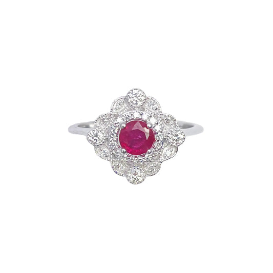 14ct White Gold Round Red Ruby & Diamond Cluster Milgrain Ring 0.72ct  Diamond Ring
