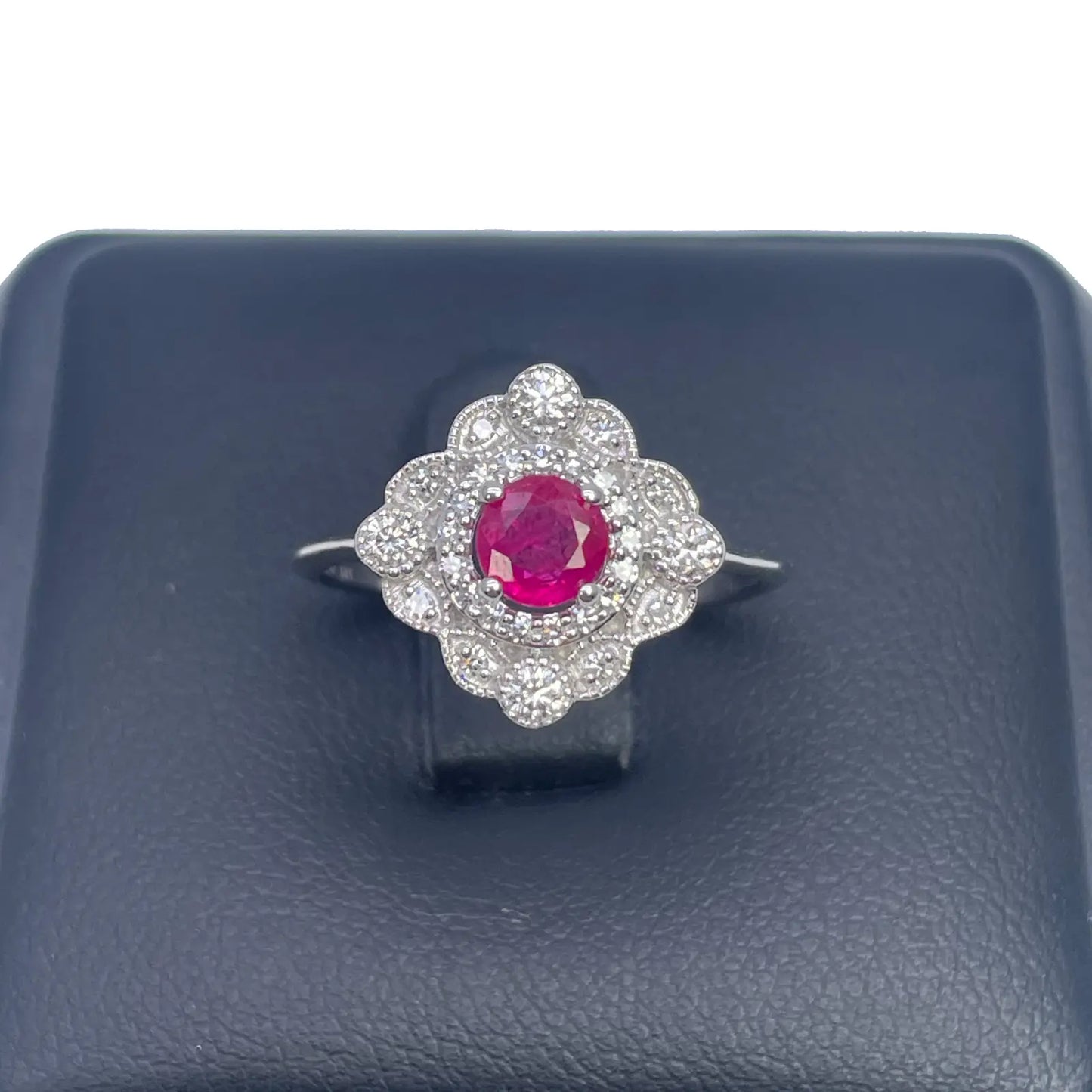 14ct White Gold Round Red Ruby & Diamond Cluster Milgrain Ring 0.72ct  Diamond Ring