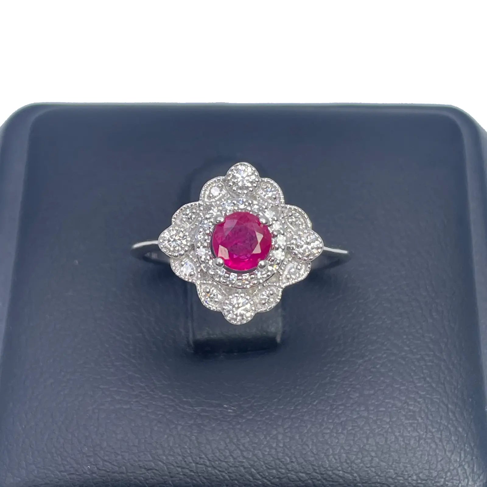 14ct White Gold Round Red Ruby & Diamond Cluster Milgrain Ring 0.72ct  Diamond Ring