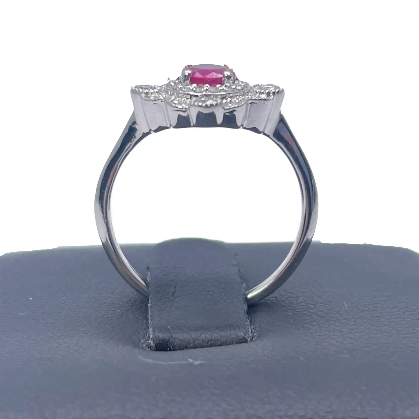 14ct White Gold Round Red Ruby & Diamond Cluster Milgrain Ring 0.72ct  Diamond Ring