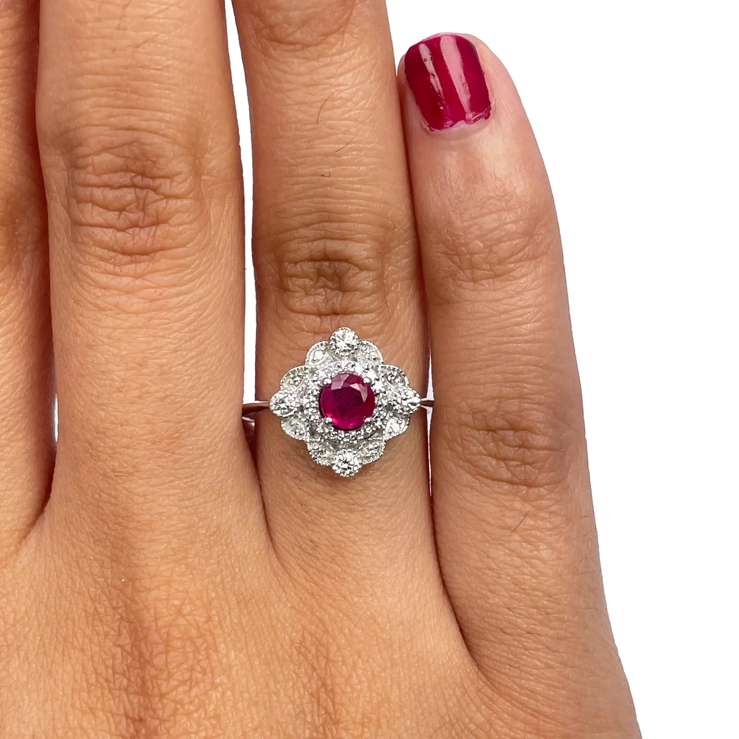 14ct White Gold Round Red Ruby & Diamond Cluster Milgrain Ring 0.72ct  Diamond Ring