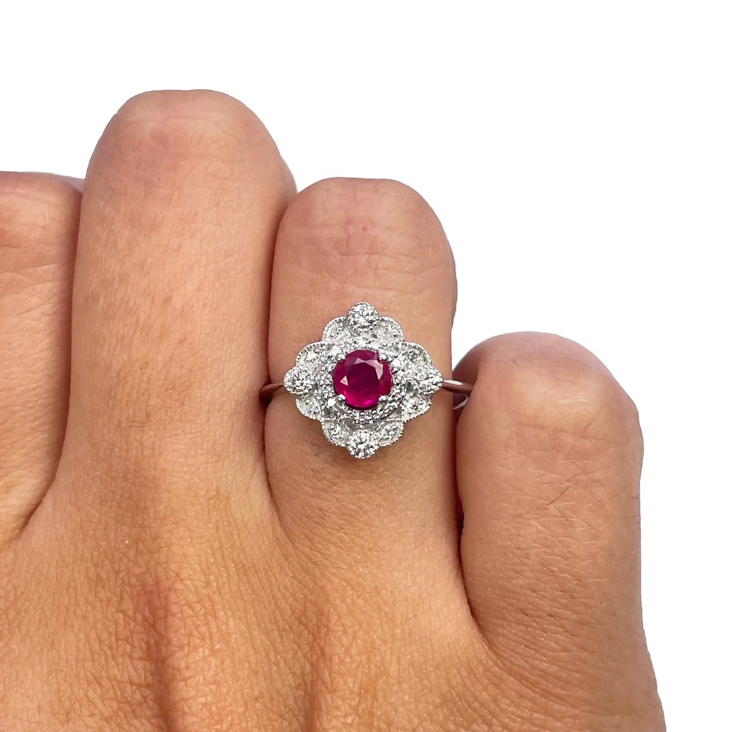 14ct White Gold Round Red Ruby & Diamond Cluster Milgrain Ring 0.72ct  Diamond Ring