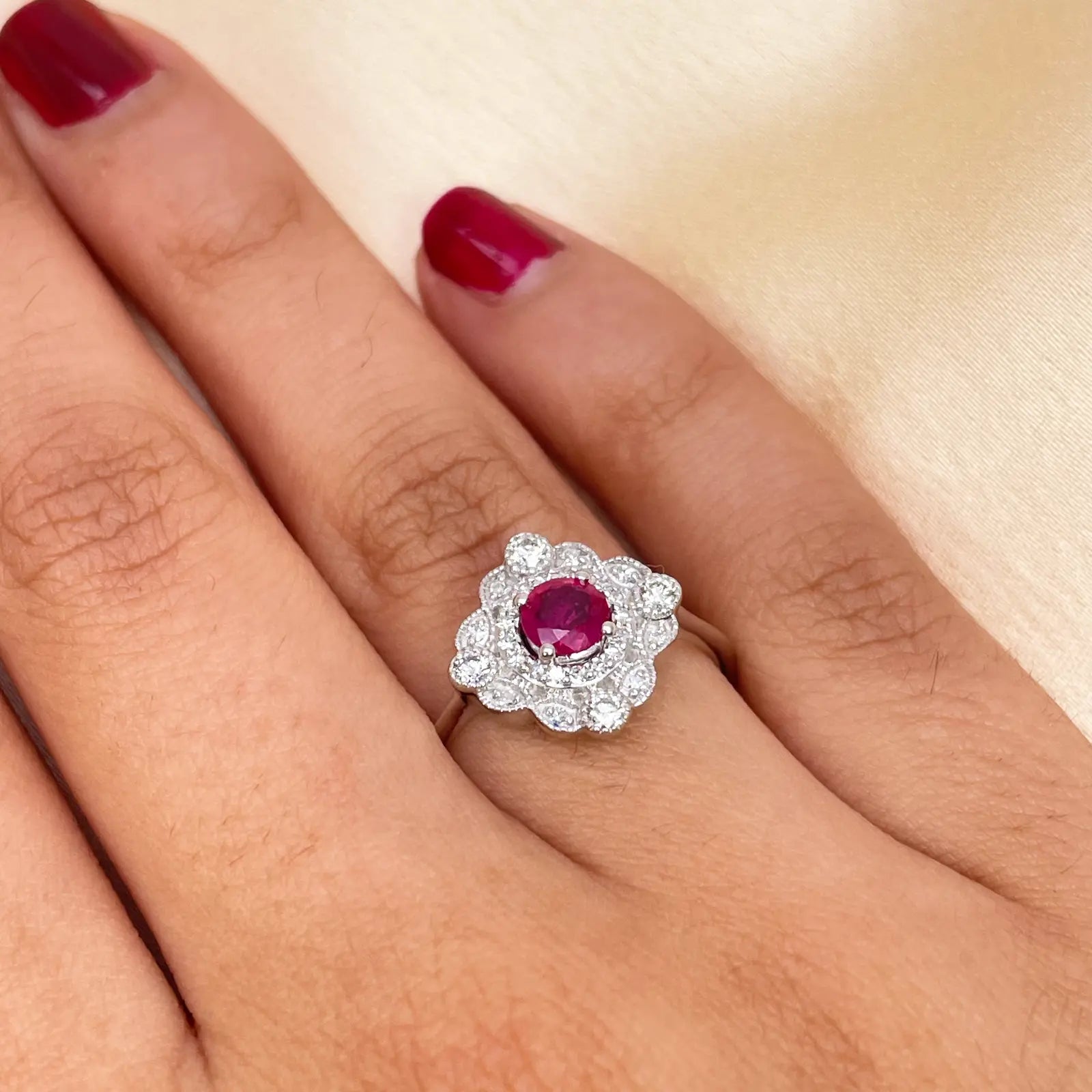 14ct White Gold Round Red Ruby & Diamond Cluster Milgrain Ring 0.72ct  Diamond Ring