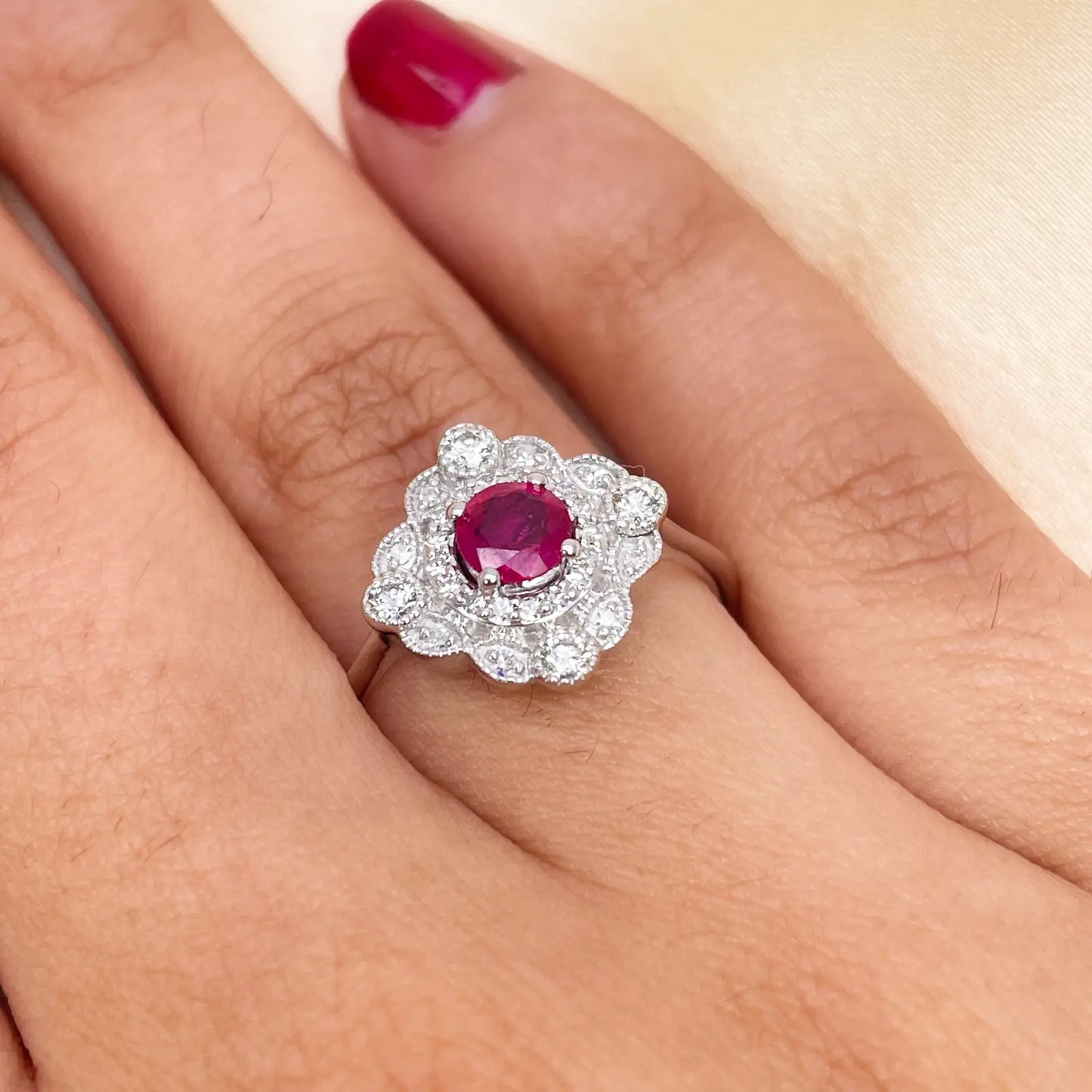 14ct White Gold Round Red Ruby & Diamond Cluster Milgrain Ring 0.72ct  Diamond Ring