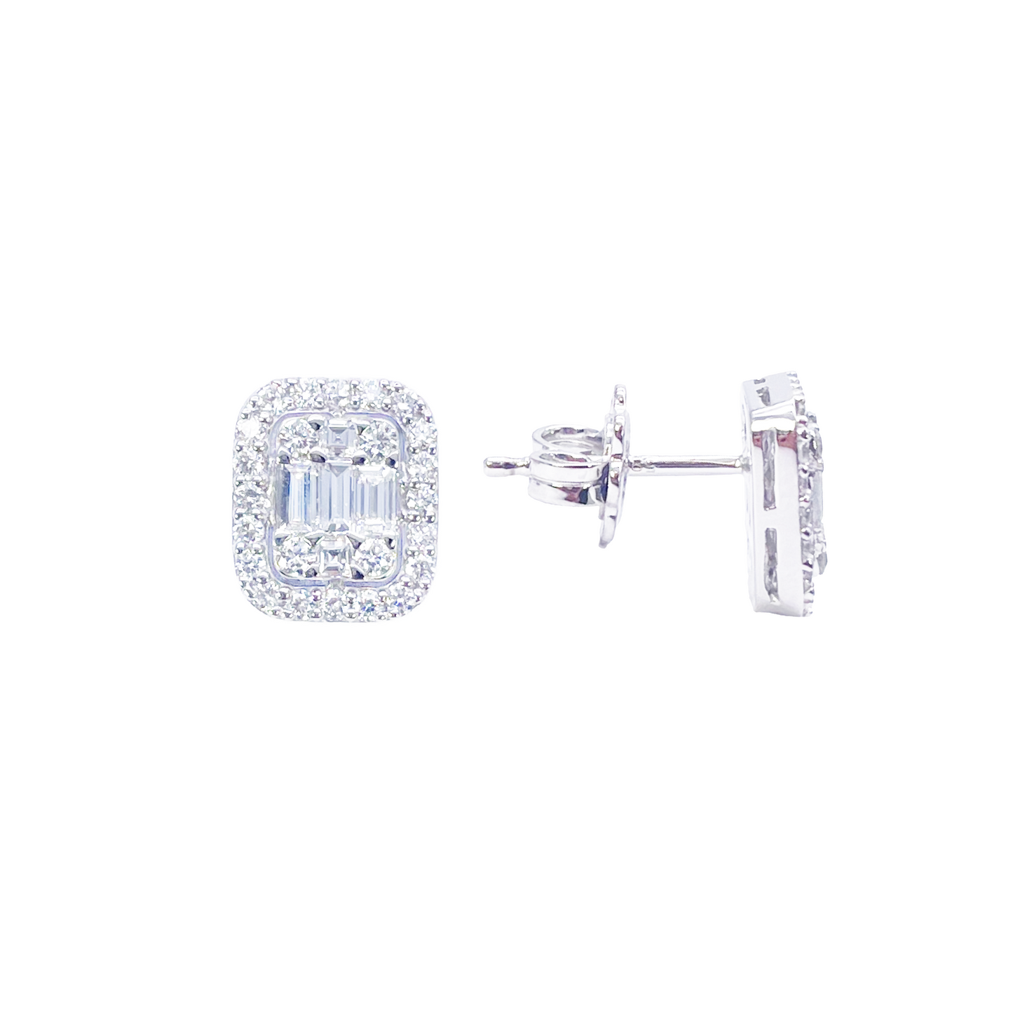 14ct White Gold Round & Baguette Rectangle Shaped Diamond Studs Earrings 0.80ct 