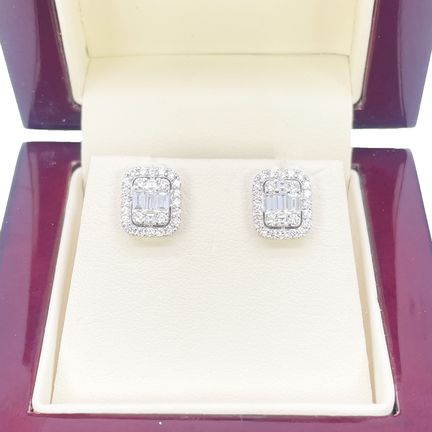 14ct White Gold Round & Baguette Rectangle Shaped Diamond Studs Earrings 0.80ct 
