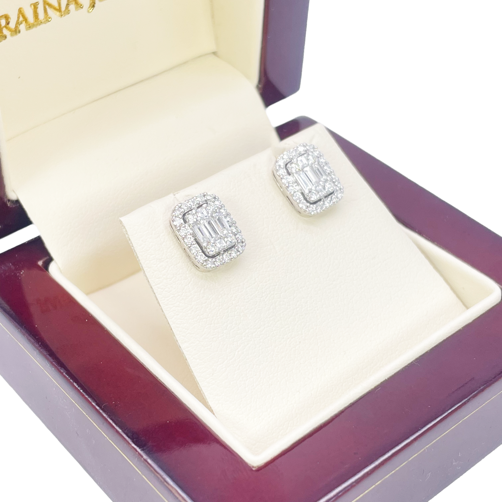 14ct White Gold Round & Baguette Rectangle Shaped Diamond Studs Earrings 0.80ct 